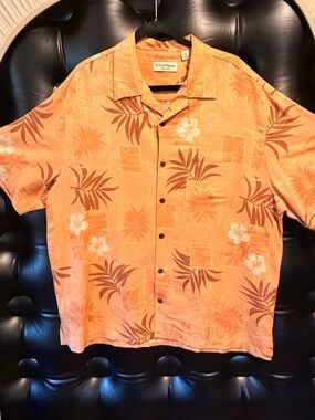 🌴🌴🌴BOGOHO🌴🌴🌴Caribbean Orange Tropical Print 100% Silk Camp Shirt-XL